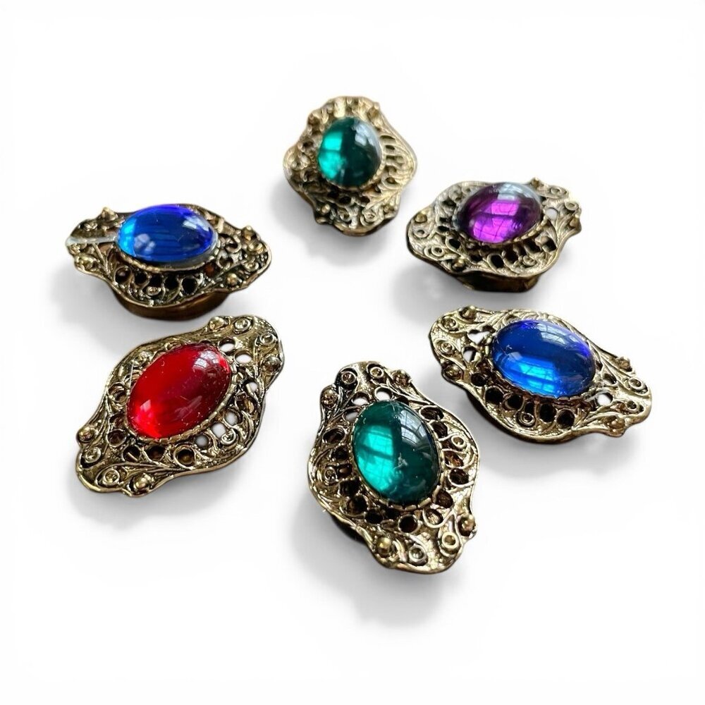 Vintage 1980s 90s Button Covers Gripoix Mogul Gold Tone Filigree Lucite Cabochon